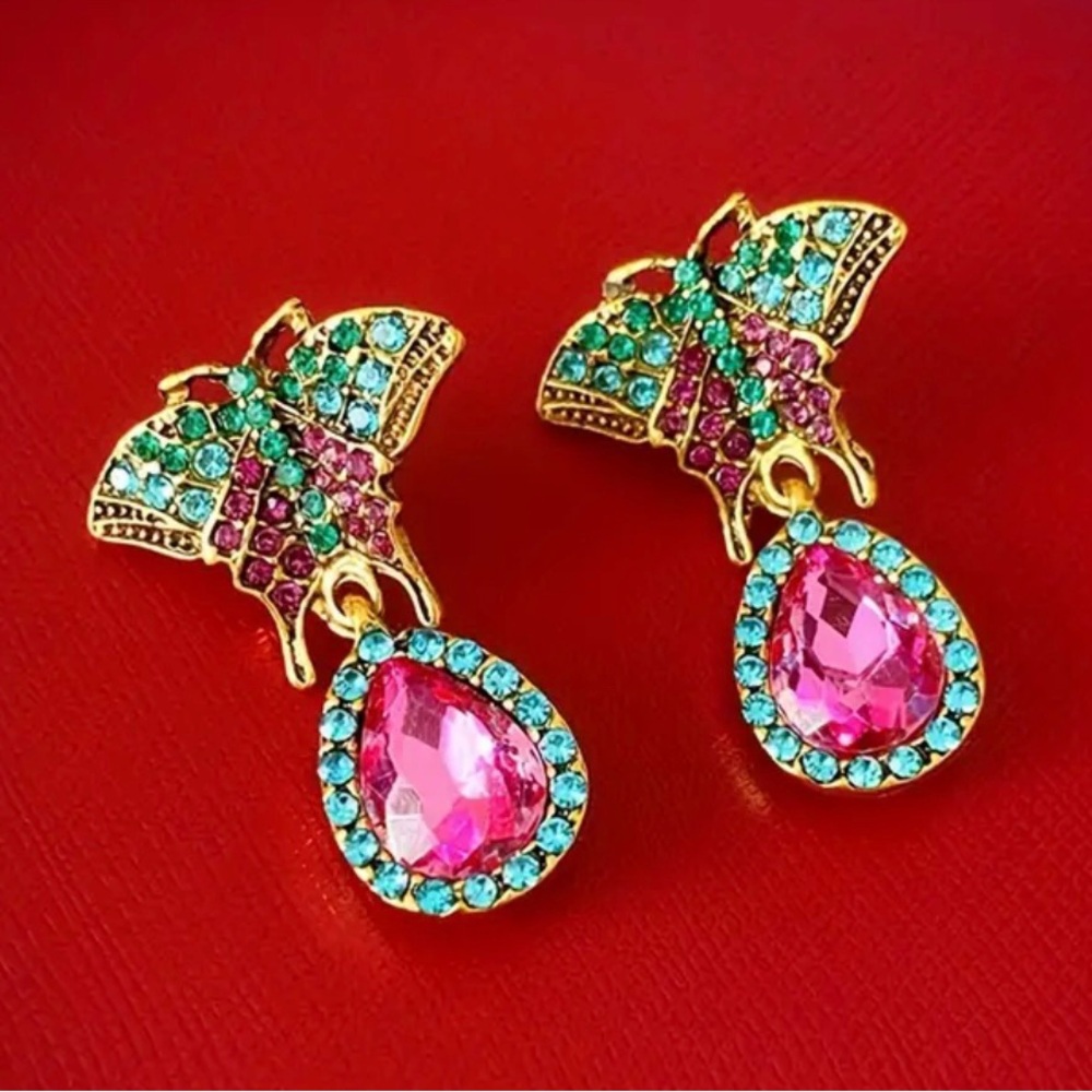 Elegant Gold Butterfly Earrings with Pink and Blue Accents